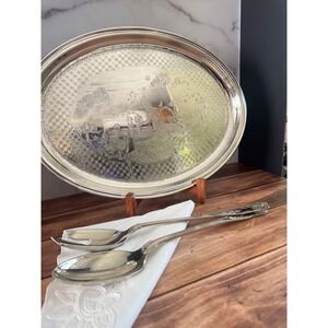 Gorham Silverplate Oval Serving Tray Etched Peacock Floral YC485 15 Inch Vintage